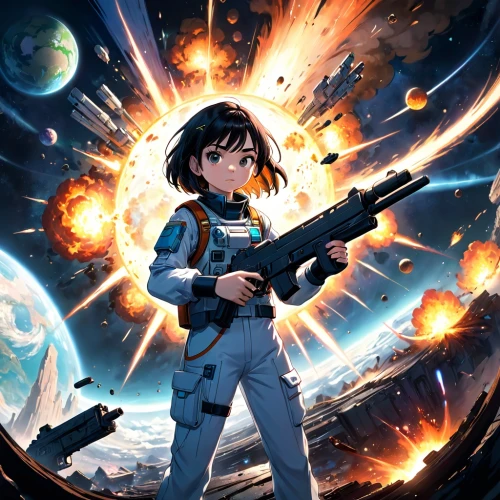 cg artwork,space art,sci fiction illustration,astronaut,astronautics,kantai,violinist violinist of the moon,girl with gun,space voyage,space walk,earth rise,girl with a gun,astronomical,io,space travel,haruhi suzumiya sos brigade,space-suit,astronomer,children's background,space,Anime,Anime,Cartoon