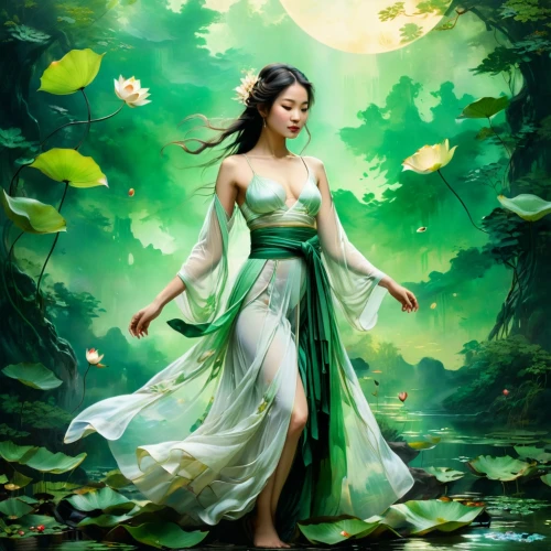 faerie,fantasy picture,dryad,faery,fantasy art,the enchantress,jasmine blossom,celtic woman,fantasy portrait,rosa 'the fairy,fairy queen,mystical portrait of a girl,jasmine,oriental princess,lotus blossom,green dress,lilly of the valley,chinese art,sacred lotus,fairy tale character,Conceptual Art,Fantasy,Fantasy 05