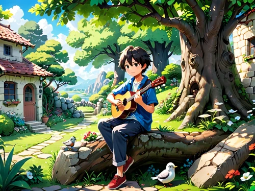 guitar,playing the guitar,concert guitar,serenade,ukulele,guitar player,playing outdoors,guitarist,azusa nakano k-on,music background,studio ghibli,musician,bard,musical background,classical guitar,spring background,acoustic guitar,cavaquinho,picking flowers,springtime background,Anime,Anime,Traditional