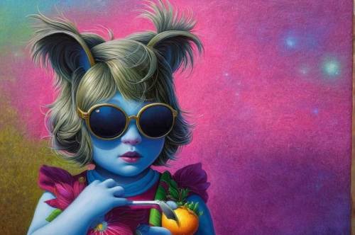 woman eating apple,la violetta,girl with cereal bowl,ann margarett-hollywood,tutti frutti,jester,oil on canvas,psychedelic art,woman with ice-cream,chalk drawing,pear cognition,juggler,rainbow rabbit,triggerfish-clown,painter doll,girl with bread-and-butter,hare krishna,oil painting on canvas,harlequin,surrealism,Illustration,Realistic Fantasy,Realistic Fantasy 18