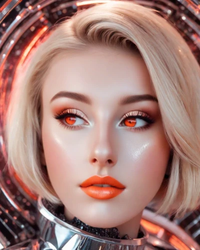 orange,cyborg,futuristic,realdoll,cyber,robot eye,molten,martian,cosmetic,fiery,cyberspace,chainlink,neon makeup,scifi,sci fi,ai,vintage makeup,orange half,robot icon,cybernetics