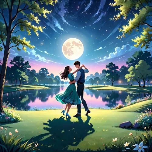 romantic scene,the moon and the stars,moon and star background,romantic night,serenade,romantic portrait,moon and star,moonlit night,stars and moon,moon night,moonlight,falling stars,romantic,a fairy tale,landscape background,romantic look,dream world,girl and boy outdoor,romantic meeting,love in air,Anime,Anime,General