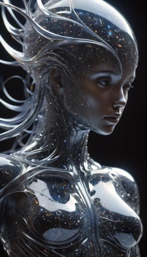 humanoid,biomechanical,cyborg,cybernetics,andromeda,silver,echo,eve,sci fiction illustration,ice queen,silvery,cyberspace,ai,sidonia,dryad,head woman,fractalius,silver surfer,sci fi,augmented