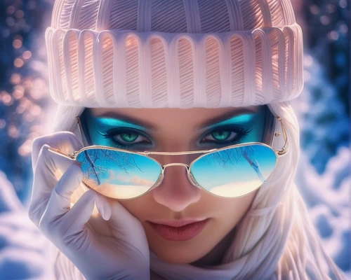 ski glasses,ice queen,ice princess,winterblueher,the snow queen,snowboarder,elsa,suit of the snow maiden,winter hat,winter background,photoshop manipulation,white fur hat,skier,cyber glasses,ski helmet,photo manipulation,aviator sunglass,winter sport,aviator,lenses,Illustration,Realistic Fantasy,Realistic Fantasy 37