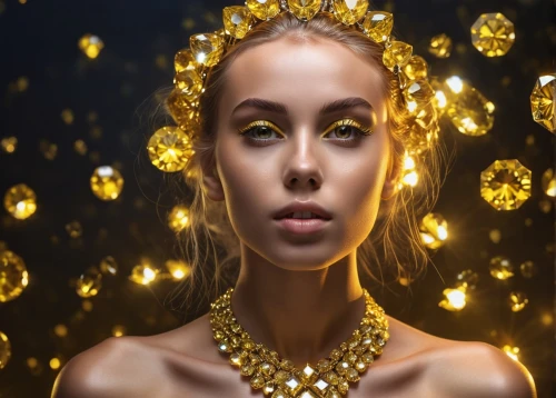 gold jewelry,golden crown,yellow-gold,visual effect lighting,jeweled,gold diamond,gold filigree,gold glitter,gold foil mermaid,gold crown,gold wall,golden mask,gold mask,mary-gold,gold foil art,gold spangle,golden wreath,glittering,golden eyes,solar plexus chakra,Photography,General,Realistic