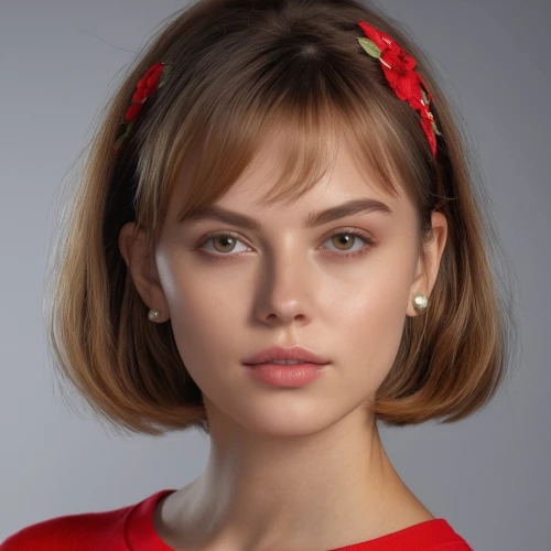 poppy red,red bow,portrait of a girl,red russian,romantic look,coral red,natural cosmetic,beret,asymmetric cut,model beauty,vintage floral,realdoll,floral,young woman,girl portrait,beautiful face,pretty young woman,pixie cut,angel face,earrings,Photography,General,Realistic