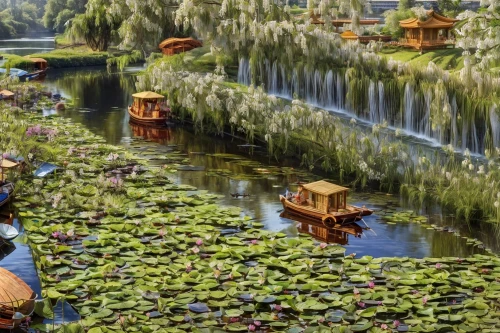stilt houses,floating huts,lily pond,lotus pond,suzhou,chinese architecture,japan garden,ginkaku-ji,lily pads,floating market,floating islands,artificial islands,garden pond,artificial island,pond plants,water lilies,fairy village,nymphaea,lotus on pond,water palace