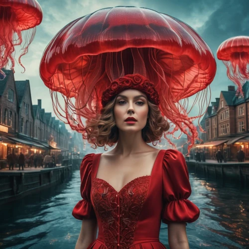 man in red dress,red hat,red balloon,lady in red,the carnival of venice,queen of hearts,red gown,the hat of the woman,victorian lady,photoshop manipulation,maraschino,blood milk mushroom,girl in red dress,beautiful bonnet,poppy red,venetia,red balloons,vintage woman,photo manipulation,red russian,Photography,General,Fantasy