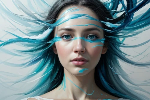 blue painting,woman thinking,mystical portrait of a girl,world digital painting,digital art,bodypainting,blue enchantress,illusion,mermaid vectors,photoshop manipulation,fractals art,self hypnosis,immersed,digital artwork,fractalius,painting technique,head woman,blue background,woman face,digital painting
