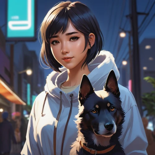 girl with dog,akita inu,laika,akita,shiba,portrait background,shiba inu,companion dog,kitsune,gsd,ursa,dog illustration,game illustration,city ​​portrait,game art,custom portrait,dog look,two wolves,mulan,asia,Conceptual Art,Fantasy,Fantasy 17