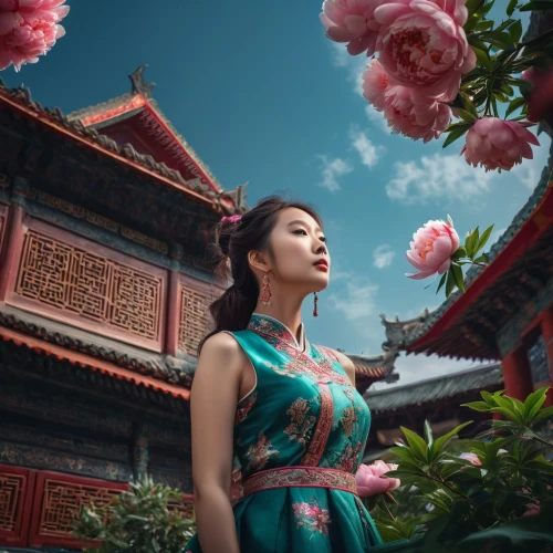 oriental princess,vietnamese woman,asian woman,oriental girl,chinese art,mulan,chinese temple,oriental,asian vision,asian culture,vintage asian,oriental painting,inner mongolian beauty,chinese background,asian architecture,forbidden palace,teal blue asia,chinese style,golden lotus flowers,beautiful girl with flowers,Photography,General,Fantasy