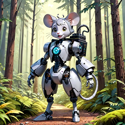 tau,forest animal,bolt-004,cg artwork,mecha,minibot,in the forest,mech,forest background,armored animal,graze,gray animal,forest clover,neottia nidus-avis,white footed mouse,prowl,anthropomorphized animals,computer mouse,forest beetle,field mouse,Anime,Anime,General