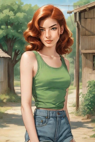 rowan,digital painting,farm girl,rosa ' amber cover,poison ivy,jean shorts,game illustration,clementine,redheads,countrygirl,world digital painting,bunches of rowan,clary,mary jane,girl in t-shirt,daphne,portrait background,background ivy,red-haired,retro girl,Digital Art,Comic
