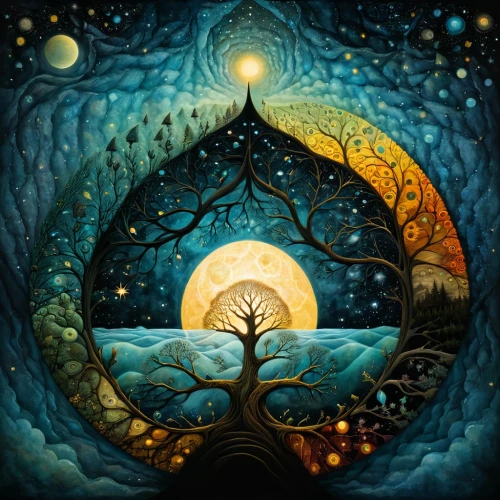 tree of life,mantra om,celtic tree,mother earth,magic tree,shamanism,the branches of the tree,circle around tree,flourishing tree,pachamama,colorful tree of life,earth chakra,shamanic,sun and moon,mirror of souls,the mystical path,the branches,anahata,fractals art,tangerine tree,Illustration,Abstract Fantasy,Abstract Fantasy 19