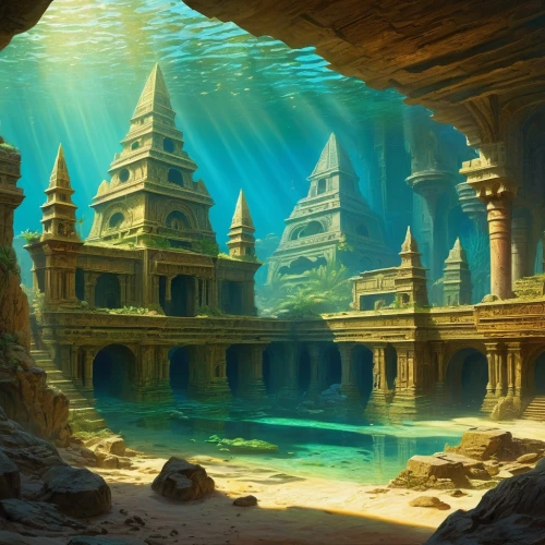 underwater oasis,underwater landscape,ancient city,atlantis,underwater playground,underground lake,imperial shores,sunken church,underwater background,aquarium,fantasy landscape,ancient buildings,lagoon,water castle,house of the sea,cave on the water,ocean floor,aquariums,the ancient world,pillars,Art,Classical Oil Painting,Classical Oil Painting 42