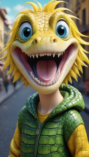 cgi,grin,tangelo,cute cartoon character,the mascot,teeth,noodle image,pineapple sprocket,anthropomorphized animals,mascot,landmannahellir,reptilian,cinema 4d,fenek,reptilia,a smile,reptile,3d rendered,b3d,anthropomorphic,Illustration,Abstract Fantasy,Abstract Fantasy 06