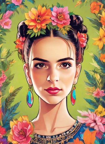 frida,girl in flowers,flower painting,beautiful girl with flowers,floral background,boho art,digital art,girl in a wreath,flower background,portrait background,digital painting,colorful floral,floral wreath,geisha,digital artwork,world digital painting,flower girl,flower art,geisha girl,floral,Digital Art,Sticker