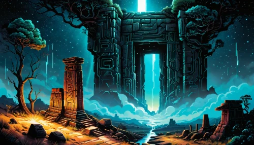 portal,hall of the fallen,chasm,the ruins of the,sci fiction illustration,mausoleum ruins,ruins,iron gate,necropolis,portals,ancient city,atlantis,gateway,game illustration,door to hell,monolith,heaven gate,ruin,temples,fantasy landscape,Illustration,Realistic Fantasy,Realistic Fantasy 25