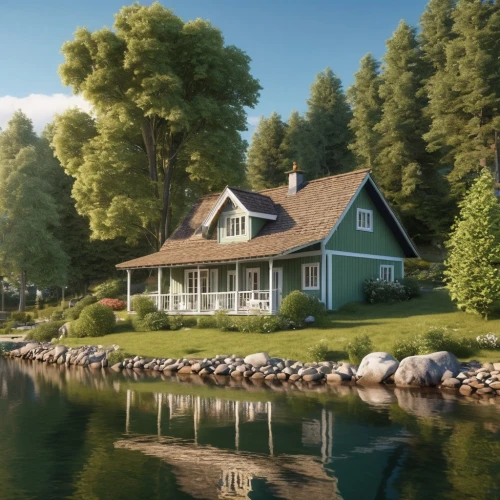 summer cottage,house by the water,house with lake,cottage,idyllic,scandinavian style,house in the forest,fisherman's house,small cabin,danish house,new england style house,beautiful home,summer house,floating huts,country cottage,houseboat,home landscape,boathouse,inverted cottage,wooden house,Photography,General,Realistic