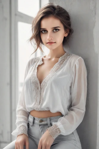 in a shirt,white shirt,cotton top,romantic look,grey background,portrait background,cardigan,gap,sitting on a chair,jeans background,white clothing,lena,elegant,beautiful young woman,pale,see-through clothing,attractive woman,portrait photography,sitting,plus-size model,Photography,Realistic