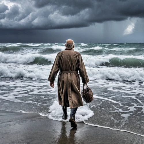 man at the sea,the wind from the sea,elderly man,the people in the sea,man with umbrella,sea storm,the storm of the invasion,pensioner,god of the sea,elderly person,breton,the man in the water,still transience of life,stormy sea,old age,bracing,coastal protection,el mar,the north sea,the shallow sea,Photography,General,Realistic