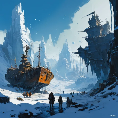 ice planet,shipwreck,ship wreck,ice landscape,concept art,imperial shores,fantasy landscape,arctic,icebreaker,snow scene,snow landscape,pirate ship,ice castle,old ships,winter landscape,icebergs,thermokarst,digital nomads,fjord,northrend,Conceptual Art,Sci-Fi,Sci-Fi 01