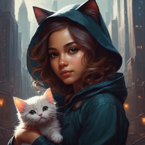kitten,fantasy portrait,girl with dog,sci fiction illustration,ritriver and the cat,kittens,cg artwork,cat,kat,cat child,cat vector,custom portrait,little red riding hood,cat sparrow,cat portrait,game illustration,romantic portrait,world digital painting,rescue alley,little cat,Conceptual Art,Fantasy,Fantasy 17