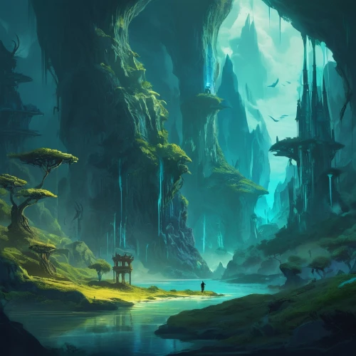 fantasy landscape,futuristic landscape,blue cave,karst landscape,cave,swampy landscape,blue caves,elven forest,cave on the water,forest glade,druid grove,the blue caves,ancient city,mushroom landscape,glacier cave,ravine,underground lake,canyon,sea caves,dungeons,Conceptual Art,Fantasy,Fantasy 02