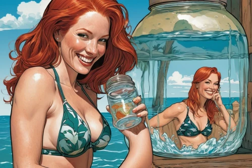redheads,the sea maid,agua de valencia,mary jane,merfolk,comic book bubble,comic bubbles,motor boat race,beach bar,barmaid,redhead doll,ariel,fruits of the sea,message in a bottle,glass bottle,fish oil,one-piece swimsuit,malibu rum,redheaded,bottled water,Illustration,American Style,American Style 08