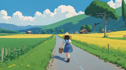 studio ghibli,stroll,summer day,springtime background,walk,yellow grass,trail,countryside,girl walking away,sound of music,world digital painting,road,long road,landscape background,travel poster,suitcase in field,country road,hokkaido,french digital background,wander,Illustration,Japanese style,Japanese Style 16