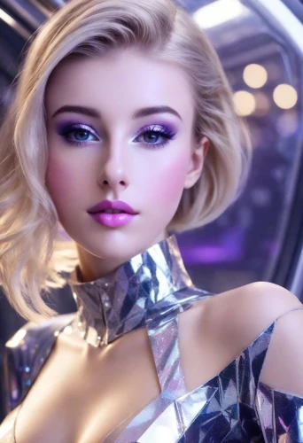 realdoll,barbie,barbie doll,doll's facial features,fashion dolls,female doll,artificial hair integrations,futuristic,fashion doll,model doll,valerian,designer dolls,latex clothing,airbrushed,sci fi,doll looking in mirror,scifi,pixie-bob,purple,artist's mannequin