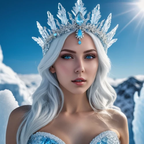 ice queen,the snow queen,white rose snow queen,elsa,ice princess,suit of the snow maiden,winterblueher,blue snowflake,fantasy portrait,eternal snow,princess crown,crown render,fairy queen,tiara,unicorn crown,white fur hat,violet head elf,fantasy woman,spring crown,fantasy picture,Photography,General,Realistic