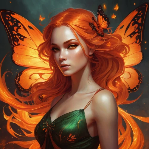 orange butterfly,vanessa (butterfly),faerie,cupido (butterfly),faery,fantasy portrait,julia butterfly,red butterfly,butterflies,fae,aurora butterfly,poison ivy,fairy queen,passion butterfly,hesperia (butterfly),fiery,monarch,fire angel,tiger lily,butterfly background,Conceptual Art,Fantasy,Fantasy 17