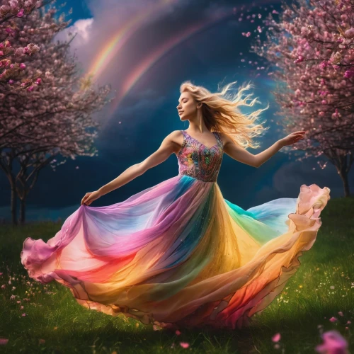 springtime background,fantasy picture,spring background,spring equinox,rainbow background,faerie,colorful background,gracefulness,the festival of colors,flower fairy,fairy queen,rosa 'the fairy,colors of spring,faery,celtic woman,blossoming apple tree,spring unicorn,harmony of color,photo manipulation,hoopskirt,Photography,General,Fantasy