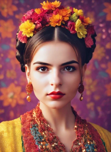 beautiful girl with flowers,girl in flowers,girl in a wreath,frida,russian folk style,indian bride,mystical portrait of a girl,miss circassian,flower garland,indian girl,colorful floral,indian woman,ukrainian,wreath of flowers,floral wreath,vintage woman,flower girl,bohemian,indian headdress,hanbok,Photography,Natural