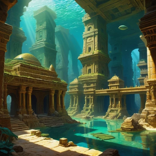 underwater landscape,underwater oasis,underwater playground,atlantis,sunken church,ancient city,ocean floor,aquarium,underwater world,ocean underwater,underwater background,submerged,undersea,aquariums,pillars,the ancient world,underwater,under the water,ancient buildings,under water,Art,Classical Oil Painting,Classical Oil Painting 42