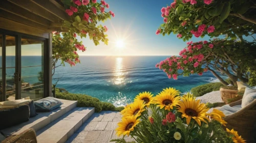 summer cottage,uluwatu,balcony garden,ocean view,seaside view,greek island,positano,lefkada,idyllic,window with sea view,carmel by the sea,greece,mediterranean,flower in sunset,cyprus,australian daisies,liguria,south france,bench by the sea,summer evening