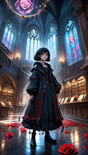 librarian,scholar,blood church,cg artwork,gothic portrait,magistrate,child with a book,dodge warlock,sci fiction illustration,choir master,little girl reading,fantasia,pianist,magic grimoire,apothecary,haunted cathedral,queen of hearts,academic,fairy tale character,vanitas,Anime,Anime,Cartoon