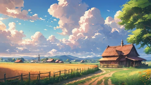 landscape background,rural landscape,home landscape,farm landscape,farm background,meadow landscape,countryside,springtime background,country side,dandelion field,blooming field,fantasy landscape,plains,little house,red barn,summer day,french digital background,prairie,lonely house,salt meadow landscape,Photography,General,Cinematic
