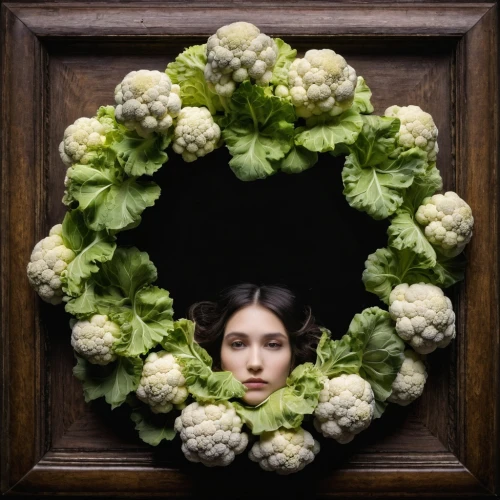 girl in a wreath,romanescu,green wreath,wreath,broccoflower,door wreath,wreath of flowers,rose wreath,cruciferous vegetables,savoy cabbage,blooming wreath,holly wreath,botanical frame,romanesco,romanesca cauliflower,flower wreath,floral wreath,ivy frame,brassica,art deco wreaths,Photography,Artistic Photography,Artistic Photography 13