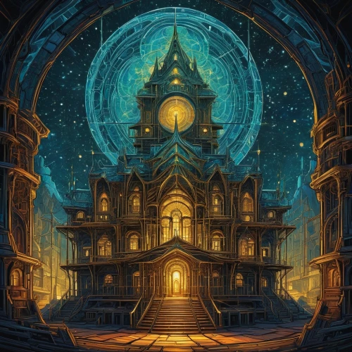 hall of the fallen,castle of the corvin,clockmaker,haunted cathedral,cathedral,witch's house,gold castle,fairy tale castle,tabernacle,fantasy picture,fantasy art,arcanum,ancient house,fantasia,fantasy landscape,mausoleum ruins,portal,sepulchre,ancient city,world digital painting,Illustration,Realistic Fantasy,Realistic Fantasy 25