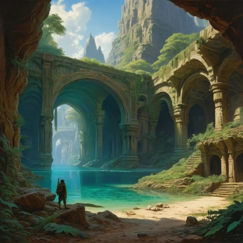 fantasy landscape,ancient city,futuristic landscape,the ruins of the,atlantis,fantasy picture,ruins,fjord,imperial shores,canyon,karst landscape,hall of the fallen,concept art,fantasy art,monastery,zion,place of pilgrimage,valley,heroic fantasy,the valley of the,Art,Classical Oil Painting,Classical Oil Painting 42