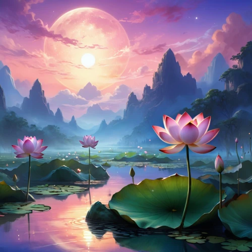 lotus flowers,lotus blossom,lotuses,sacred lotus,water lotus,lotus pond,pink water lilies,lotus on pond,lotus flower,golden lotus flowers,water lilies,fantasy landscape,stone lotus,lotus hearts,lotus plants,waterlily,landscape background,flower of water-lily,water lily,white water lilies,Illustration,Realistic Fantasy,Realistic Fantasy 01