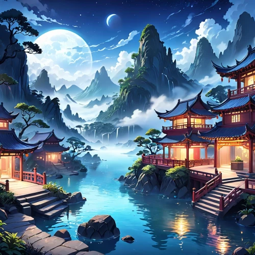 mid-autumn festival,fantasy landscape,landscape background,chinese background,cartoon video game background,oriental,fantasy picture,asian architecture,moonlit night,chinese art,world digital painting,yunnan,chinese architecture,home landscape,japanese background,oriental painting,futuristic landscape,lanterns,night scene,background images,Anime,Anime,General