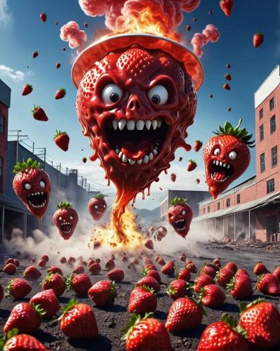 exploding head,strawberries,strawberry jam,eruption,strawberry,red strawberry,red balloon,tomato,terror,it,explode,mock strawberry,strawberry juice,explosion,nuclear explosion,hell,tomatos,exploding,explosion destroy,tomate frito