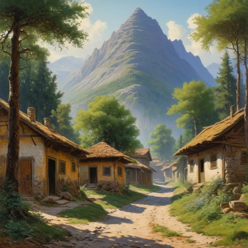 mountain village,mountain settlement,alpine village,mountain scene,village scene,rural landscape,mountain huts,villages,home landscape,mountain landscape,traditional village,house in mountains,village life,wooden houses,mountainous landscape,aurora village,chalets,rural,mountain valley,escher village,Art,Classical Oil Painting,Classical Oil Painting 42