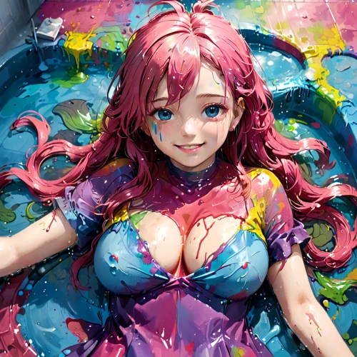 colorful water,inflatable pool,bathing fun,water bath,bath,taking a bath,splashing,bathtub,water splash,milk bath,tub,water rose,shampoo,milk splash,water fight,wet girl,water nymph,summer floatation,splash,mermaid,Anime,Anime,General