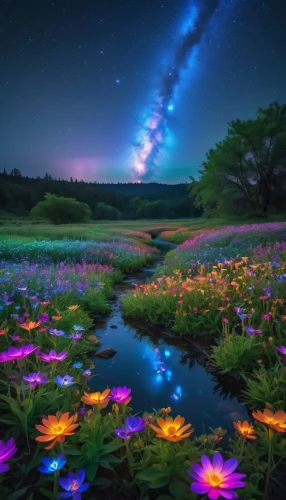 colorful stars,cosmic flower,cosmos field,fairy galaxy,field of flowers,sea of flowers,flower field,blooming field,splendor of flowers,flowers celestial,magic star flower,colorful star scatters,milky way,blanket of flowers,purple landscape,rainbow and stars,flowers field,astronomy,flower meadow,pond flower,Photography,General,Realistic