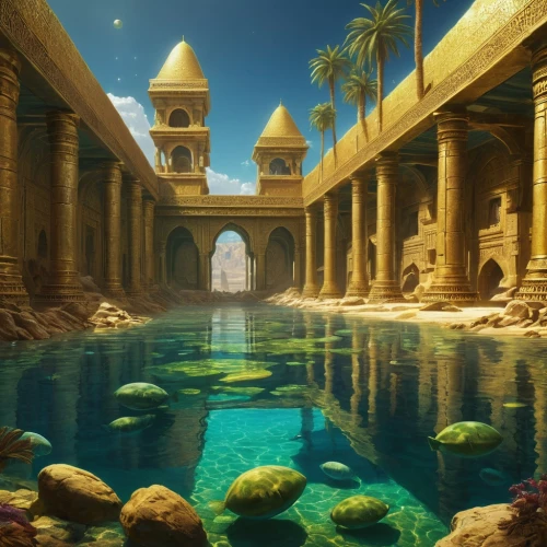 egyptian temple,underwater oasis,ancient city,atlantis,water palace,fantasy landscape,fantasy picture,temples,imperial shores,underwater landscape,thermal bath,ancient egypt,3d fantasy,the ancient world,riad,fantasy world,mortuary temple,fantasy city,caravansary,royal tombs,Art,Classical Oil Painting,Classical Oil Painting 42
