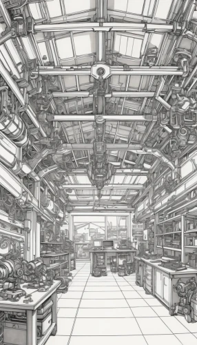 sci fi surgery room,manufacture,manufactures,the boiler room,engine room,watchmaker,laboratory,panopticon,operating room,biomechanical,circuitry,orrery,sewing factory,chemical laboratory,factory ship,machinery,ufo interior,manufacturing,escher,factory,Illustration,Black and White,Black and White 06